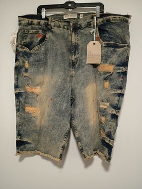Evolution Distressed Denim Shorts with Paint Splatter Mens Size 48 Stretch Denim